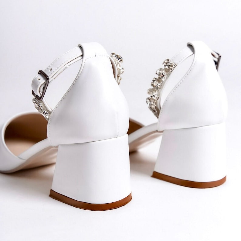 White Wedding Shoes, White Low Heels, White Block Heels, White Heels, White Bridal Shoes, Bridal Block Heels, Low Heels, Pointed Toe Heels image 8