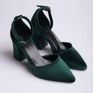 Green Velvet Heels, Green Velvet Shoes, Green High Heels, Green Bridal Shoes, Green Wedding Shoes, Green Block Heels, Ankle Strap Heels