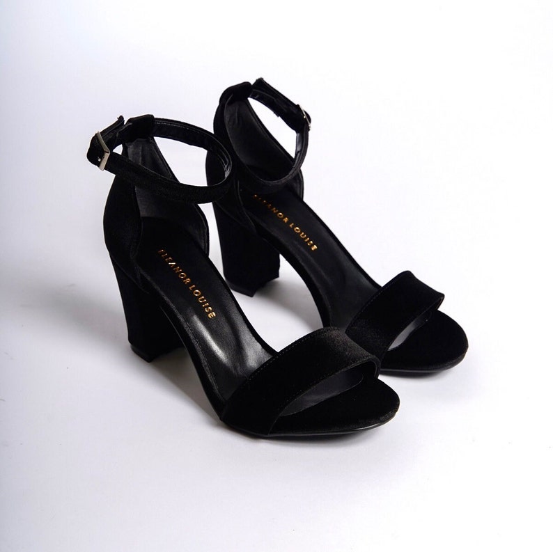 Black Velvet Heels, Black Velvet Shoes, Black Block High Heels, Black Heels, Black Bridal Shoes, Black Wedding Shoes, Ankle Strap Sandals image 9