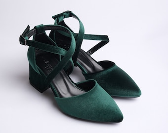 Green Velvet Heels, Green Velvet Shoes, Green Low Heels, Green Bridal Shoes, Green Wedding Shoes, Green Block Heels, Green Criss Cross Heels