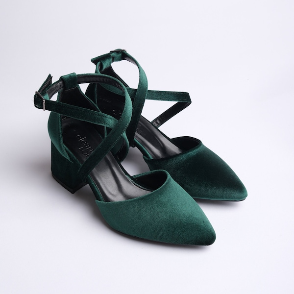 Green Velvet Heels, Green Velvet Shoes, Green Low Heels, Green Bridal Shoes, Green Wedding Shoes, Green Block Heels, Green Criss Cross Heels