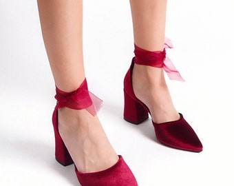 Buy Red Velvet Heels, Burgundy Velvet Shoes, Red Bridal Shoes