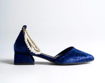 Blue Velvet Heels, Blue Velvet Shoes, Blue Low Heels, Navy Blue Heels, Blue  Block Heels, Blue Wedding Shoes, Navy Blue Heels, Bridal Shoes