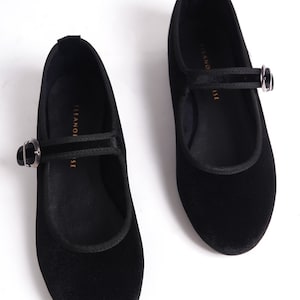 Svarta Mary Janes i sammet, Svarta Mary Jane-skor, Mary Jane-skor med låg klack, Vintage-skor för kvinnor, Ballerinaskor, Svarta Mary Janes i sammet bild 6