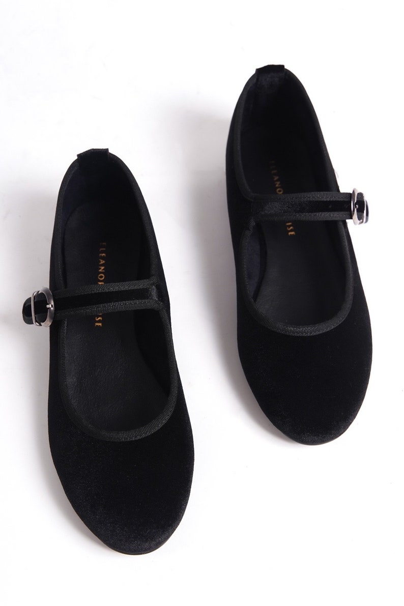Svarta Mary Janes i sammet, Svarta Mary Jane-skor, Mary Jane-skor med låg klack, Vintage-skor för kvinnor, Ballerinaskor, Svarta Mary Janes i sammet bild 6