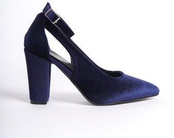 Blauw fluwelen hakken, blauw fluwelen schoenen, marineblauwe