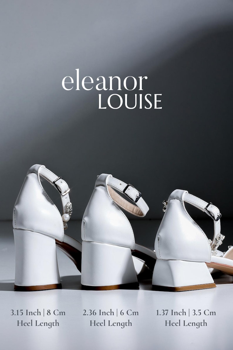 May include: Three pairs of white heeled sandals with different heel heights. The heels are block shaped and the sandals have ankle straps. The heel heights are 3.15 inches, 2.36 inches, and 1.37 inches.