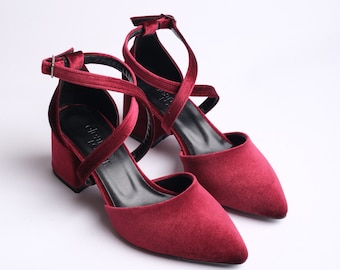 Red Velvet Heels, Burgundy Velvet Shoes, Red Bridal Shoes, Burgundy Wedding Shoes, Red Low Heels, Dark Red Velvet Shoes, Criss Cross Heels