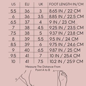 May include: Size chart for women's shoes showing US, EU, and UK sizes with corresponding foot length in inches and centimeters. The chart includes sizes 5.5 to 10.