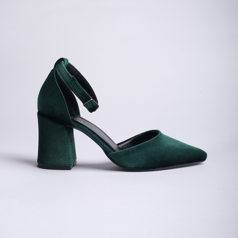 Green Velvet Heels, Green Velvet Shoes, Green High Heels, Green Bridal Shoes, Green Wedding Shoes, Green Block Heels, Ankle Strap Heels image 4