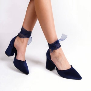 Blue Velvet Heels, Blue Velvet Shoes, Blue High Heels, Navy Blue Heels, Blue Block Heels, Blue Wedding Shoes, Ankle Strap Heel, Bridal Shoes