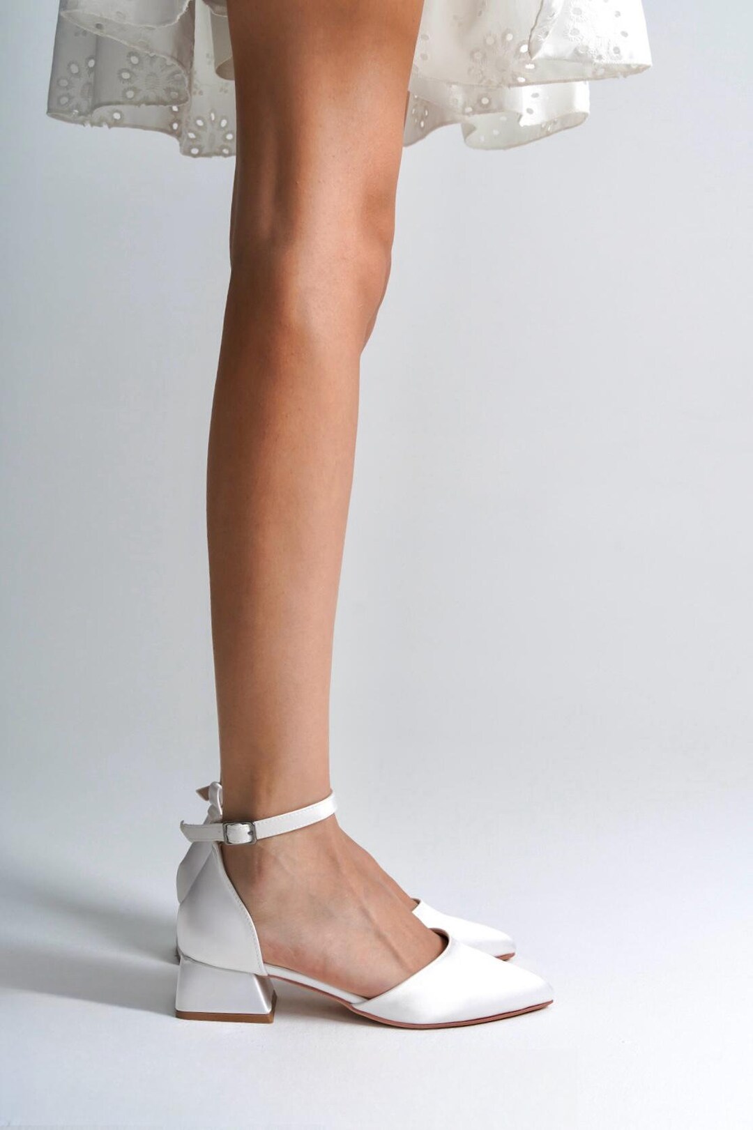 Floral Strap Heels White Satin and Mesh Wedding Heels