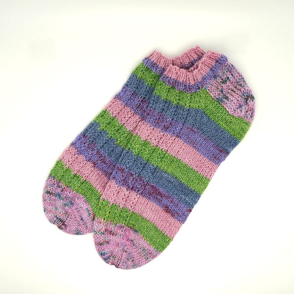 Sneakersocken Gr. 39/40 Füßlinge Kurzsocken gestrickt  Sockengarn vom Merinoschaf/Baumwolle Rosa Blau Grün Lila Blockstreifen