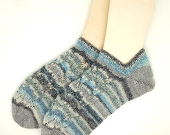 Sneakersocken Gr. 40/41 Füßlinge Kurzsocken gestrickt  Wolle Merinoschaf Blau Grau