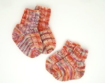 2 Paar Dicke warme Babysocken gestrickt Gr.15/16, 0 bis 3 Mon, Wolle, Orange Grün Pink Cremeweiß