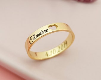 Bague de nom personnalisée, bague gravée personnalisée à l’intérieur et à l’extérieur, cadeau de fête des mères, cadeau d’anniversaire, bague empilable, bague de coordonnées de date