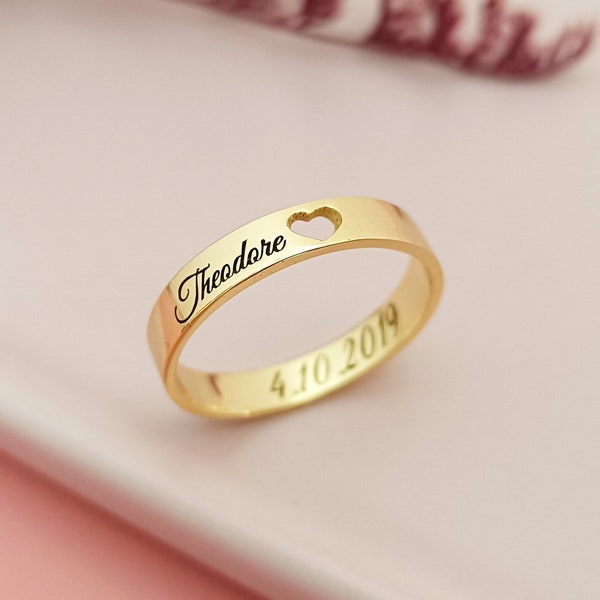 Anillo con nombre personalizado, anillo grabado exterior interior personalizado, regalo del Día de la Madre, regalo de aniversario, anillo apilable, anillo de coordenadas de fecha