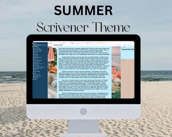 May include: A computer monitor showing a "Summer Scrivener Theme". The screen displays a writing program interface with text and a beach-themed background. The text "Summer Scrivener Theme" is at the top. The monitor is on a sandy beach with the sea in the background.