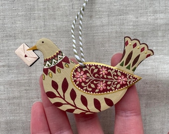 Hand Painted Bird Holding A Letter Wooden Ornament