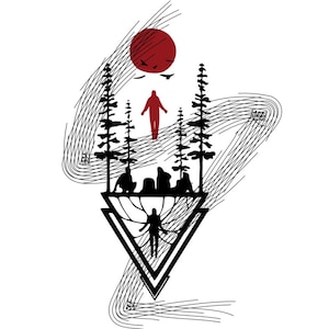 Puede incluir: Ilustración en blanco y negro de un bosque con un sol rojo en el fondo. Los árboles están silueteados contra el sol. Hay una figura de pie en el medio del bosque, con una forma triangular debajo.