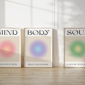 Mind Body Soul Aura Poster Triptych Wall Art Set Of Three Prints Gradient Spiritual Printable Positive Energy Y2K Indie Aesthetic Room Decor