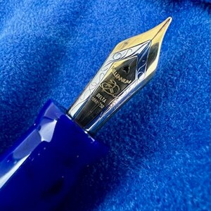 Puede incluir: Primer plano de una pluma de fuente azul y plateada con las palabras "DELTA" e "ITALIA" grabadas en ella.