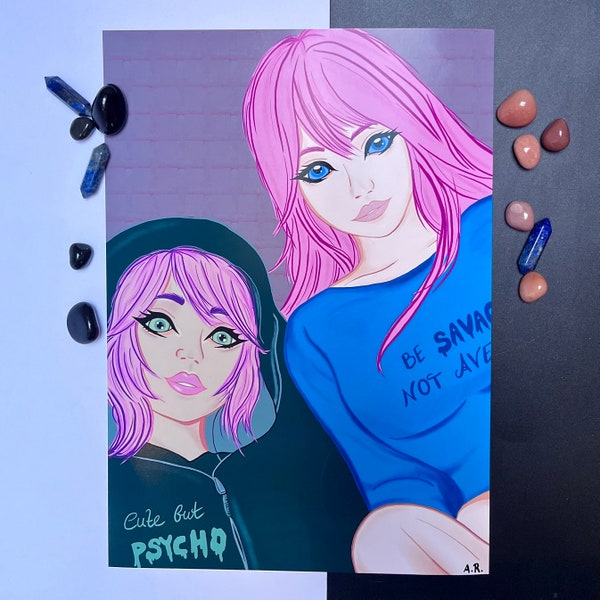 Anime art print | Anime girl | Anime besties | sassy slogans | rose cheveux | cute but psycho | unique peinture murale | FineArt print