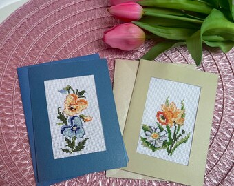 Spring cards | Easter cards | hand-embroidered cards for Easter | cards with flowers | embroidered card | unique card tulip, daffodil