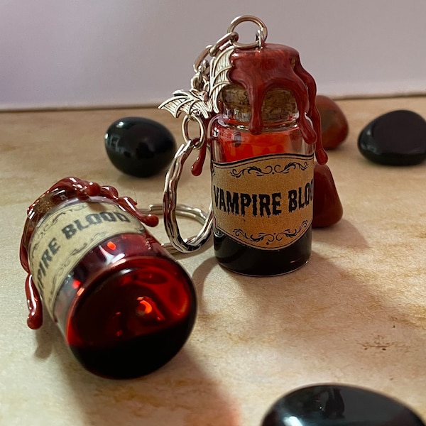 Vampire keychain | vampire blood | glass filled with fake blood | fantasy pendant | vampy | vampire charm | bat and fangs
