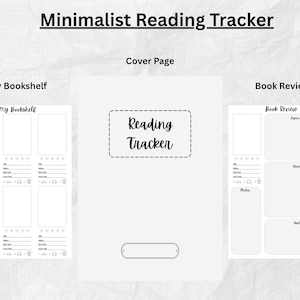 May include: A digital reading tracker planner set featuring a cover page with the text Reading Tracker, a My Bookshelf page with book entry slots, and a Book Review page with sections for summary, review, notes, and quotes in black and white.