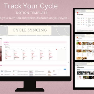 Può includere: Uno schermo di computer che mostra un modello Notion per tenere traccia del tuo ciclo. Il modello include un calendario, una sezione per il cibo e una sezione per il fitness. Il testo "Cycle Syncing" è visualizzato nella parte superiore dello schermo.