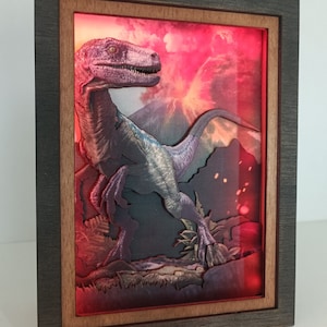 Handmade Blue Velociraptor Night Light: Jurassic World Diorama Lamp
