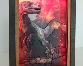 Blue Velociraptor Night Light - Handmade Jurassic World Shadow Box Lamp, Fun Decor & Gift for Dino Lovers!