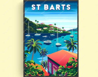 May include: A colorful illustration of a tropical island scene with the text "ST BARTS" in a retro style. The image features a blue bay with sailboats, palm trees, and a pink and red house with a green roof.