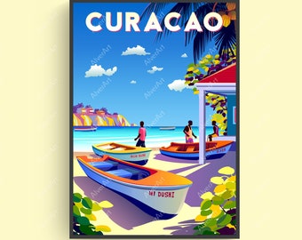 Affiche de Curaçao, impression des Caraïbes, impression de voyage tropical, art mural des Caraïbes, affiche de plage, sans cadre