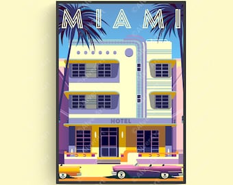 May include: A retro-style illustration of a Miami hotel with palm trees, a pink car, and the word "MIAMI" in a bright blue font.