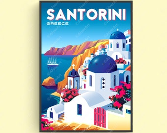 Santorini Poster, Greece Print, Greece Travel Poster, Santorini Print, Cityscape Wall Art, Digital Art, Unframed