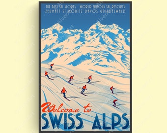 Pôster dos Alpes Suíços, Pôster da Suíça, Impressão de viagem da Suíça, Pôster de montanha, Arte de parede dos Alpes Suíços, Impressão em estilo retrô, Sem moldura