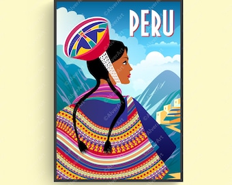 Peru Poster, Peru Travel Print, Peru Wall Art, Indian Woman National Clothes, Digital Art, Unframed