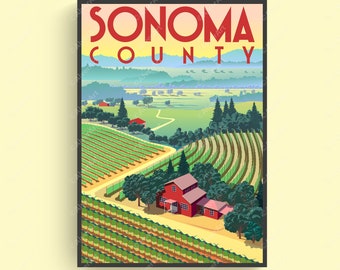 Sonoma Poster, Kalifornien Poster, Sonoma Valley Print, Retro Style Poster, Kalifornien Wandkunst, Sonoma County Poster, ungerahmt
