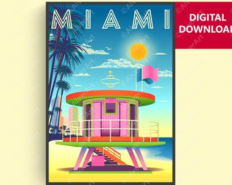May include: A retro-style poster with the word "MIAMI" in bold, white letters against a blue sky. The poster features a pink and green lifeguard stand on a beach with palm trees and a bright yellow sun. The text "DIGITAL DOWNLOAD" is in red at the top right corner.