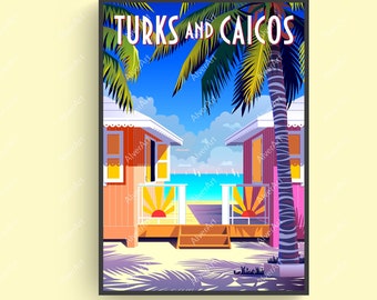 Affiche Turks et Caicos, Impression des Caraïbes, Impression de voyage tropical, Art mural des Caraïbes, Affiche de plage, Non encadré