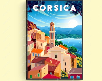 Pôster da França, pôster da Córsega, impressão de viagem da França, arte da parede da Córsega, sem moldura