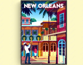 Pôster de Nova Orleans, Pôster de Louisiana, Impressão de viagem de Louisiana, Arte de parede de paisagem urbana, sem moldura