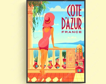 Cartel de Francia, Impresión de viajes de Francia, Cartel de la Costa Azul, Cartel agradable, Arte de la pared de la Riviera francesa, Cartel de estilo retro, Sin marco