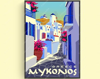 Greece Poster, Mykonos Poster, Greece Travel Print, Greece Cityscape Wall Art, Digital Art, Unframed
