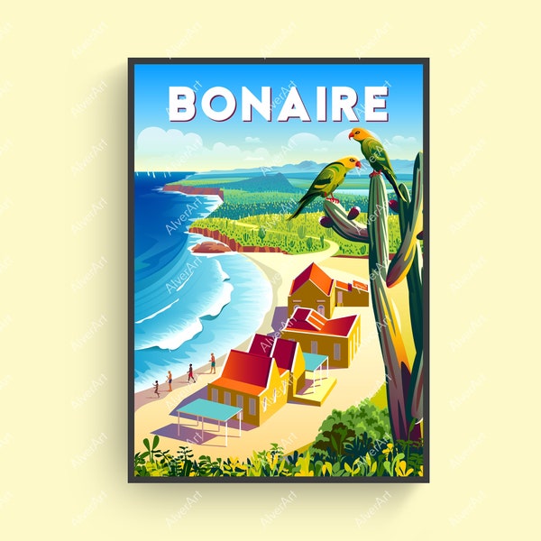 Caribbean Poster, Bonaire Poster, Tropical Travel Print, Caribbean Wall Art, Pink Flamingo, Digital Art, Unframed