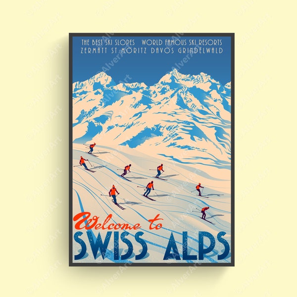 Swiss Alps Poster, Switzerland Poster, Switzerland Travel Print, Mountain Poster, Swiss Alps Wall Art, Retro Style Print, Unframed