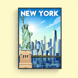 New York Poster, New York Travel Print, Statue of Liberty Print, Retro Style Wall Art, Digital Art, Unframed