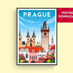Poster di Praga, Poster ceco, Stampa di viaggio di Praga, Arte della parete di Praga, Arte digitale, Senza cornice